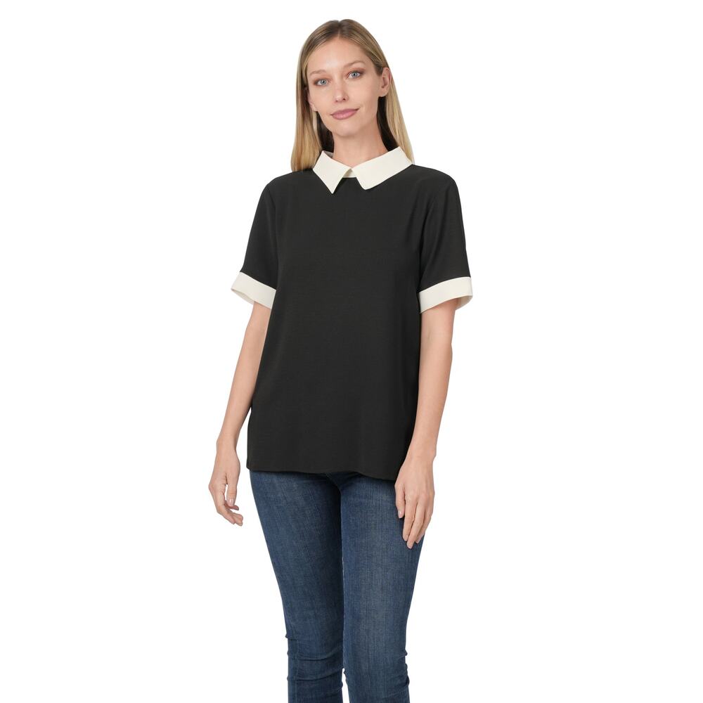 ZENANA WOMEN'S WOVEN COLORBLOCK CONTRAST COLLAR BLOUSE NWT